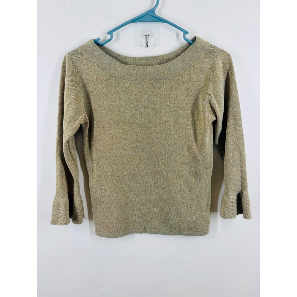 Joseph A Gold Blue Metallic Silk Blend Sweater Bell Sleeve Boat Neck S